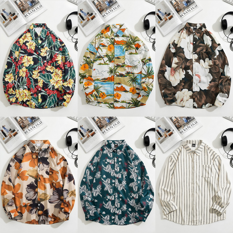 Spring and Autumn Retro Lazy Style Versatile All-Over Floral Print Long-Sleeve Shirt for Men and Women, Hong Kong Style Trendy Loose Couple's Cool Shirt