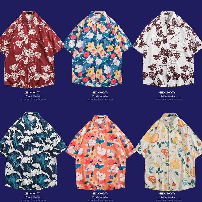 Summer Men's New Large Size Short-Sleeved Floral Shirt ins Cool and Loose Couple's Hong Kong Style Hawaiian Retro Shirt Trend
