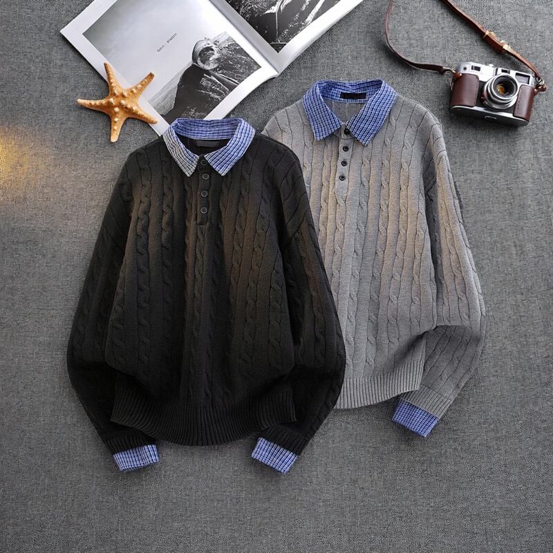 Old Money Style Fake Two-Piece Knit Sweater for Men with Plaid Shirt Collar and Cable Knit Design, Loose Casual Wear