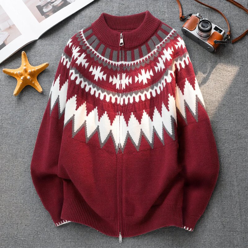 Fair Isle Cardigan Stand-Collar Sweater for Men and Women, Couple Style, Winter American Retro Jacquard Lazy Style Knit Jacket Trendy