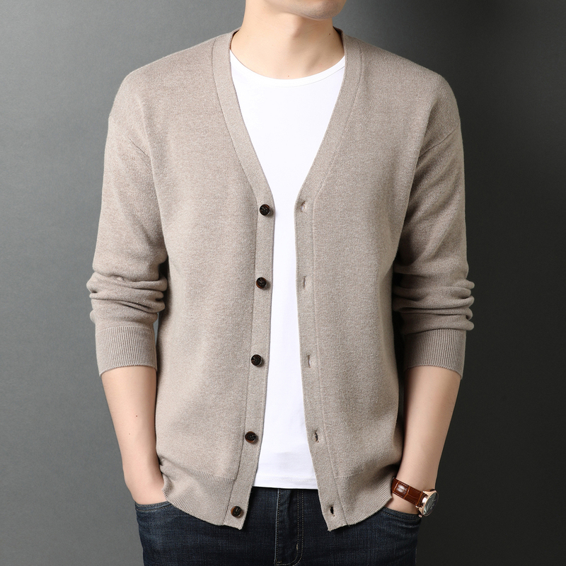 Spring and Autumn Thin Pure Wool Cardigan for Men, V-Neck Loose Cashmere Business Oversized Knit Cardigan Sweater