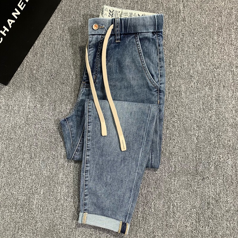 2026 New Summer Elastic Waist Plus-Size Men's Jeans, Loose Fit, Versatile, Stretchy, Slightly Tapered, Cropped Pants, Trendy