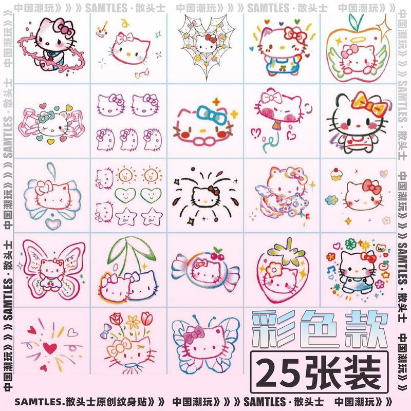 Dopamine Kitty Hello Kitty Colorful Tattoo Stickers Waterproof Long-Lasting Realistic Cartoon Cute Arm Stickers for Girls
