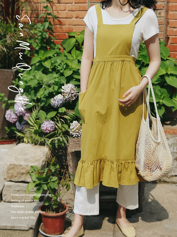 Original French cotton and linen apron for women in summer long literary and artistic gentle pleated lace manicure florist overalls