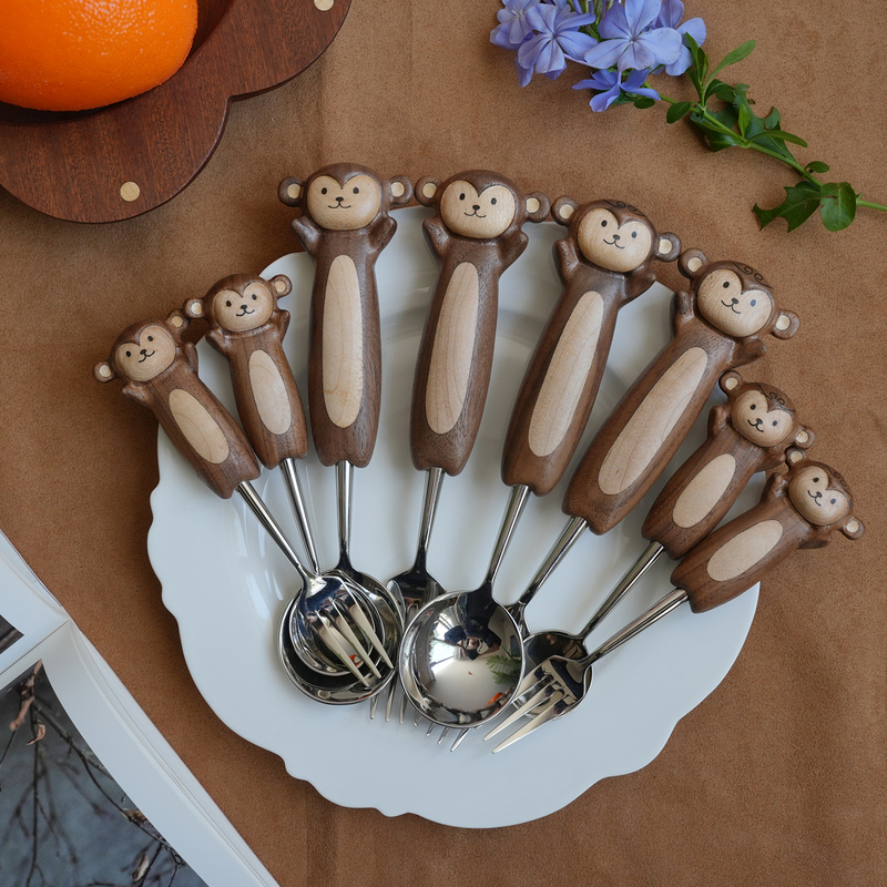 Twelve Zodiac Monkey Stainless Steel Solid Wood Black Walnut Black Wukong Tableware Set Cute Soup Spoon Pasta Fork