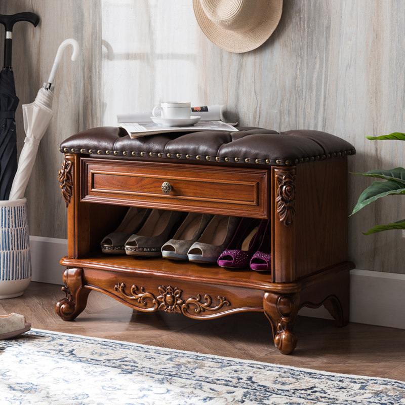 Solid Wood Changing Shoes stool Home wearing shoes Sitting American Doorway Doorway Shoe Cabinet Shoe Rack Xuanguan Genuine Leather Storage Stool