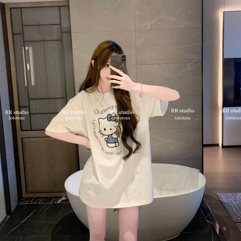 In Stock at the Store~ Kim Ji-Soo's Same Style Cute Cat Short-Sleeve T-Shirt, Trendy Brand, Loose Mid-Length Couple's Top, Half-Sleeve In Stock at the Store~ Kim Ji-Soo's Same Style Cute Cat Short-Sleeve T-Shirt, Trendy Brand, Loose Mid-Length Couple's Top, Half-Sleeve