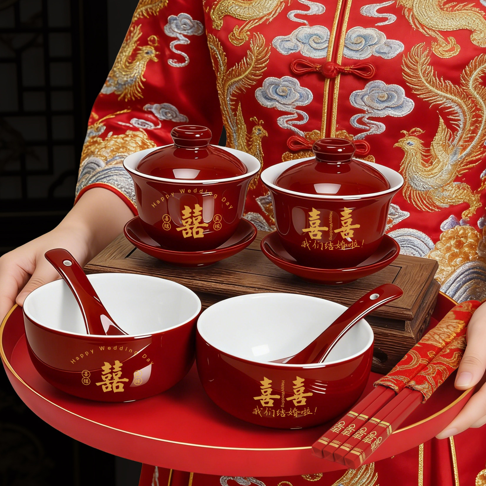Wedding change of mouth toast tea cup set, a pair of wedding bowls, chopsticks and spoons, wedding tea set, dowry supplies, high-end wine red