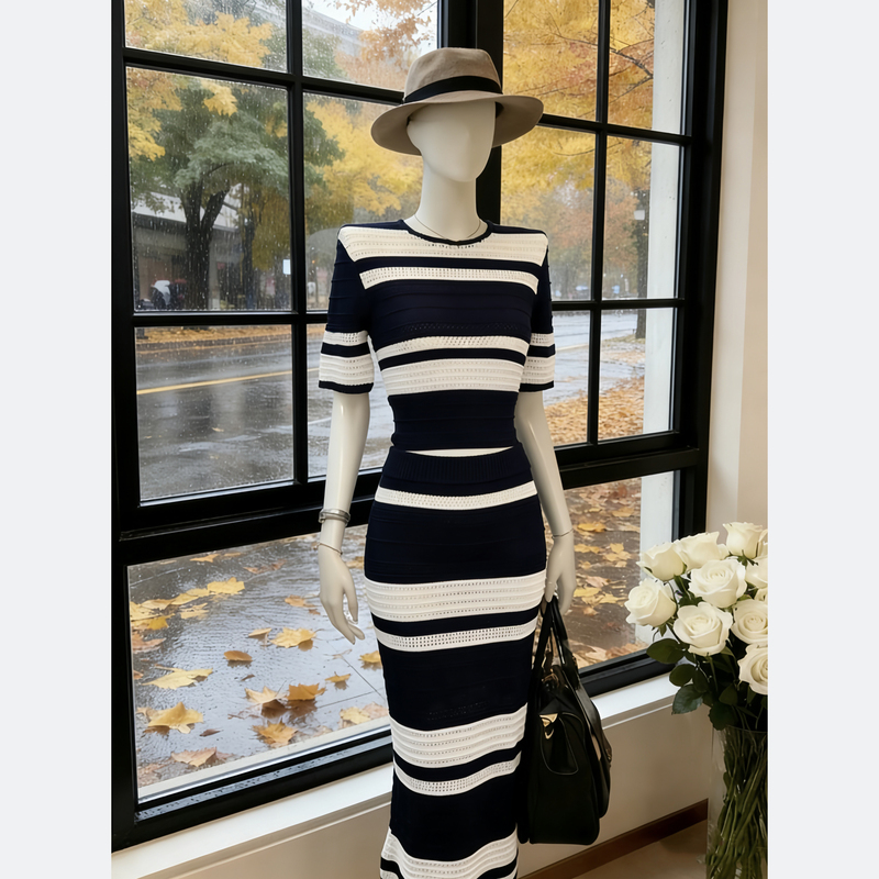 Celebrity-Inspired Fashion Chanel-Style Set for Women, Spring/Summer Striped Color-Block Knit Top and Hip-Hugging Skirt Two-Piece Set