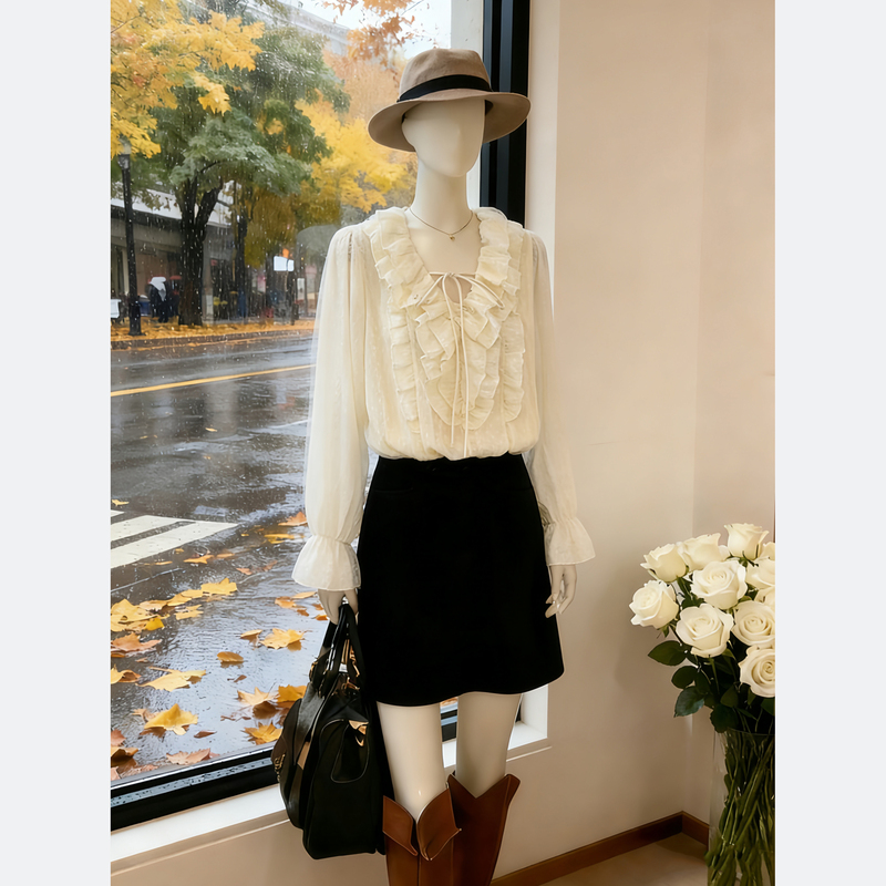 French-Style Niche Ruffled Tie V-Neck Long-Sleeve Lace Blouse for Women, 2026 Spring and Autumn Design, Youthful Shirt Top