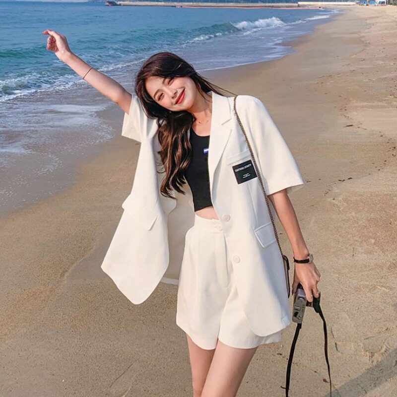Frying Street Leisure Short Sleeve White Summer Costume Woman Summer Thin Temperance Retro Korean Edition Loose Mid-length Suit Costume