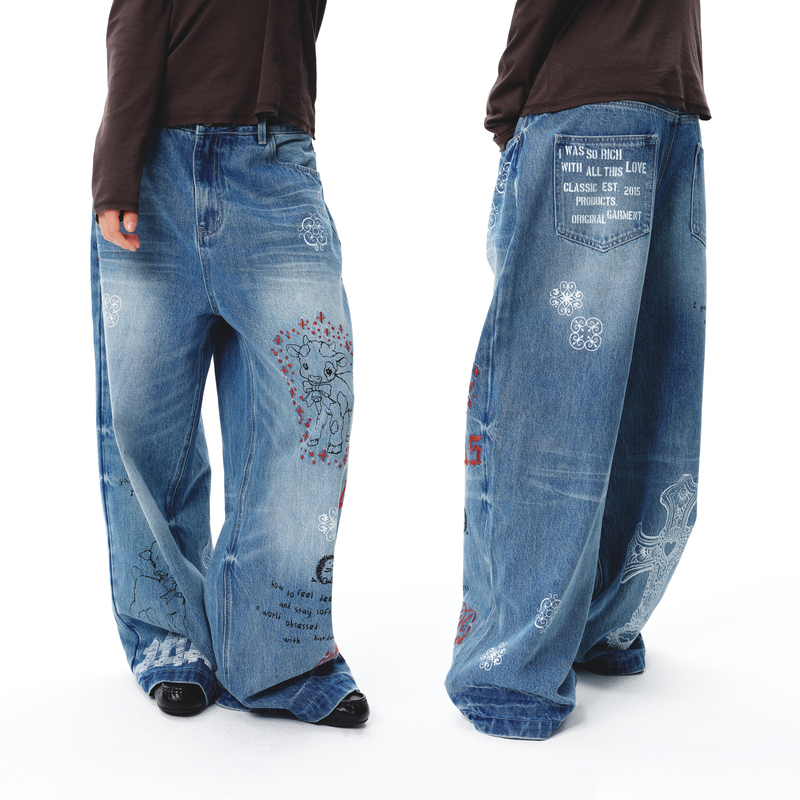 Cashhooked Cloth 26Aw Dark Blue Hand-Washed Cat Whiskers Graffiti Print Embroidered Denim Pants