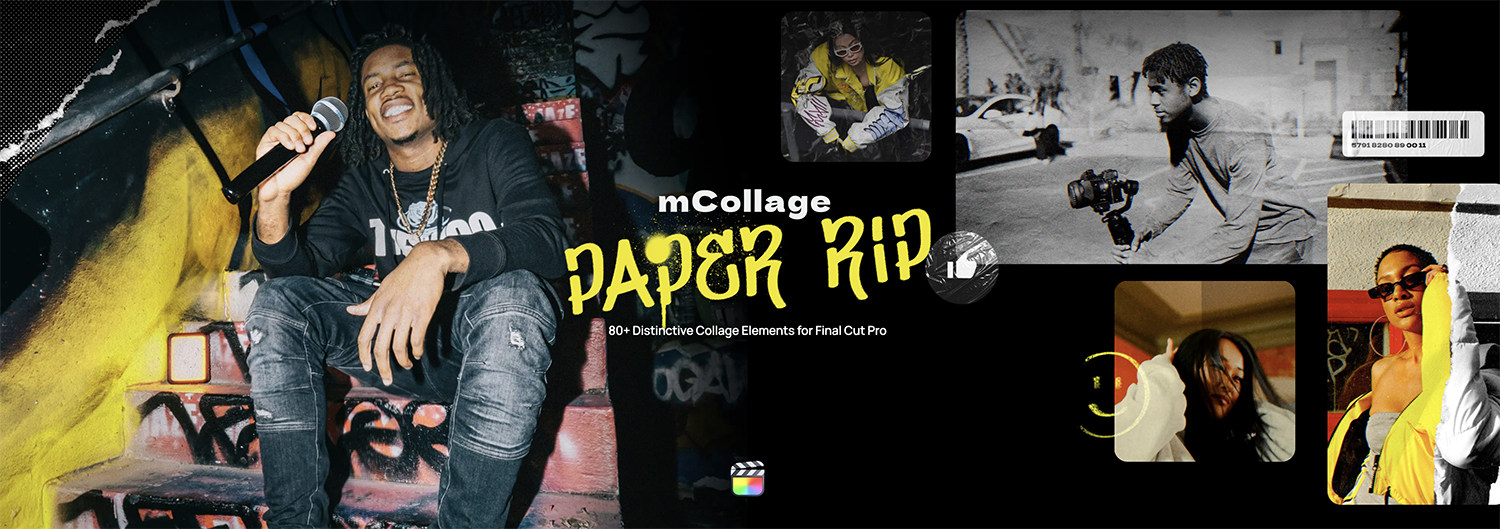 MotionVFX - mCollage Paper Rip 83种潮流前卫时尚美学趣味撕纸塑料纹理涂鸦笔画拼贴元素/标题文本动画/贴纸动画/宝丽来照片视频叠加效果转场过渡FCPX插件