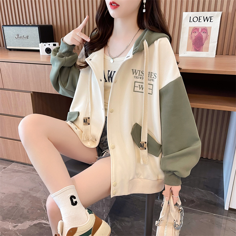 Women's Sweatshirt for Spring and Autumn, Korean Style, Loose Fit, Mid-Length, Thin, Plus Size, Hooded Cardigan, Fleece-Lined Jacket, Baseball Jacket