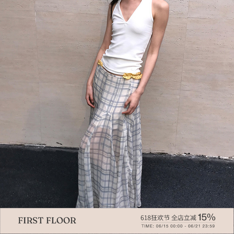 Firstfloor Irregular Plaid Fishtail Skirt That Modifies the Figure, Summer Dress with Slightly See-Through Mesh, Elegant and Gentle Skirt