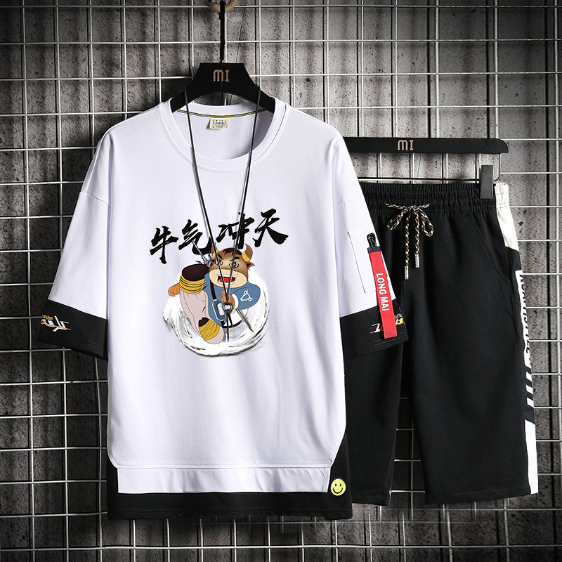 Teen Cow Rush Day Short Sleeve T-Shirt Boy Kids Trend Summer Dress Junior High School High School Student Men's Handsome Suit