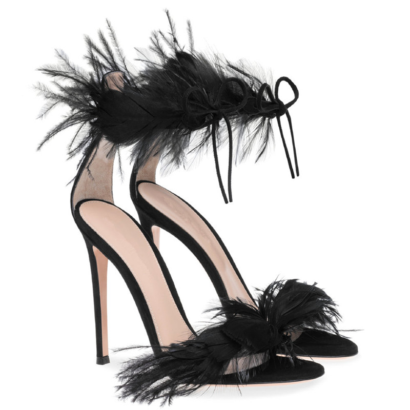 Feather strap high heels for women, slim heels, European and American summer new style, open toed sheepskin party, sexy one-piece sandals for women