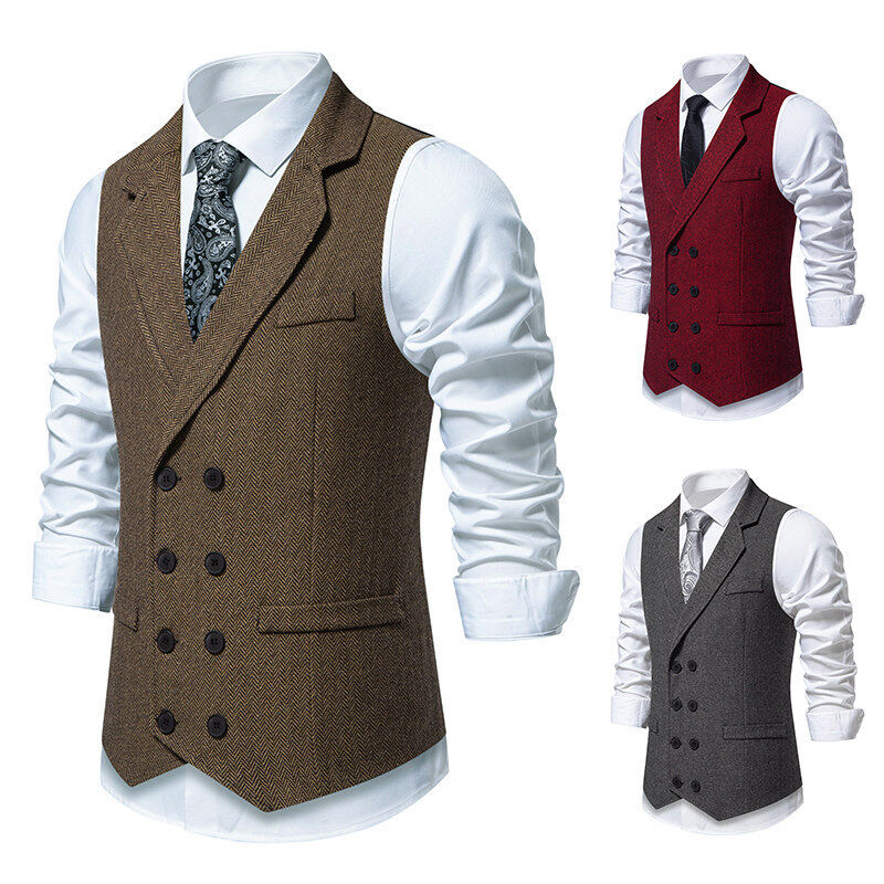 【Suit Collar Vest】British Men's Herringbone Tweed Double-Breasted Business Casual Plus Size Vintage Vest 【Suit Collar Vest】British Men's Herringbone Tweed Double-Breasted Business Casual Plus Size Vintage Vest