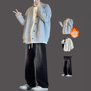 秋冬加绒华夫格休闲针织开衫痞帅男装搭配一套青少年外套潮套装