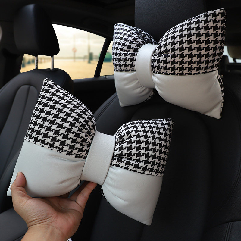 2022 New Car Headrest Pillow Seat Neck Protector Pillow Female Cute Houndstooth Waist Support Car Interior Supplies