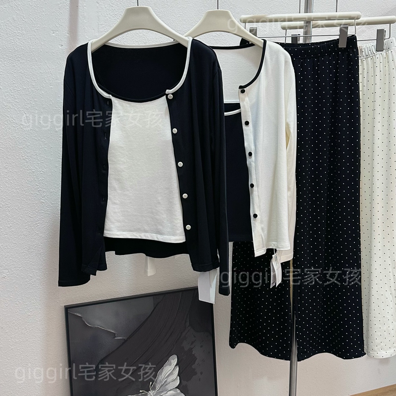 Stay-At-Home Outfit Without Bra, Polka Dot and Striped Color-Blocking Three-Piece Set for Women, Autumn Cloud Mousse Loungewear That Can Be Worn Outside