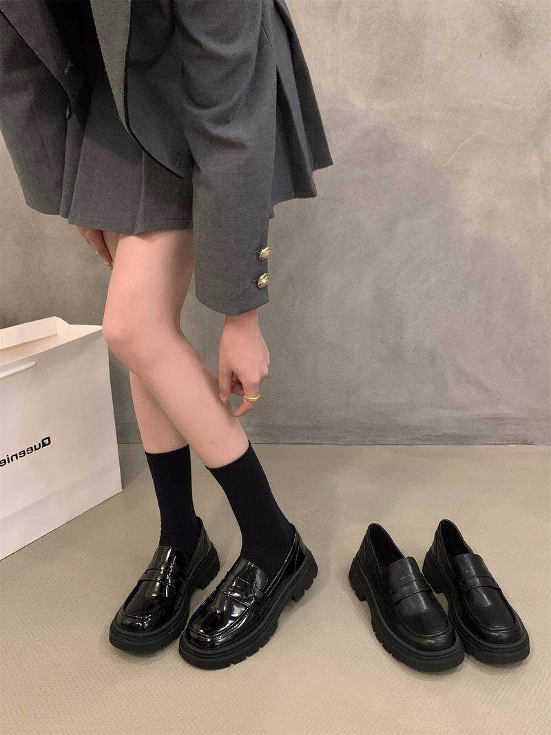 Tide Cards Thick Bottom 100 Hitch Black Single Shoes Women's Shoes 2023 New Spring Autumn Season Inn Wind Small Leather Shoes-Taobao