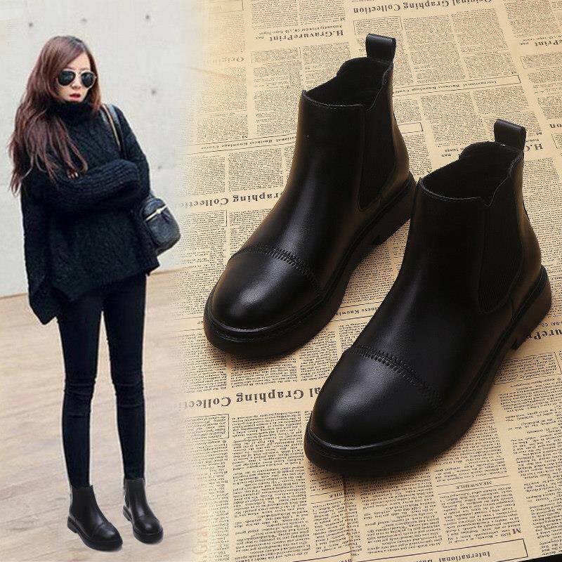 Inlen Wind Retro Genuine Leather Martin Boots Woman 2023 Autumn Winter New Women's Shoes Plus Suede Woman Boots Flat Head Short Barrel Boots-Taobao