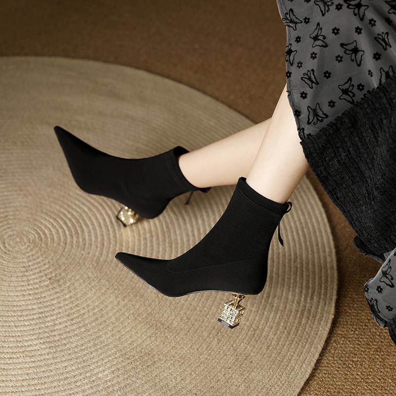 Ocnltie Ocean Fashion Genuine Leather High Heel Short Boots Woman 2023 Autumn Winter New Women's Shoes Crystal High Heel Skinny Boots-Taobao