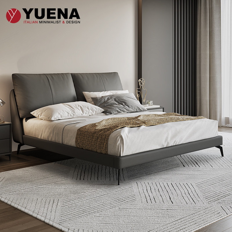Italian light luxury leather bed small family bed master bedroom in modern minimal Nordic soft - bag double bed bedroom in wind