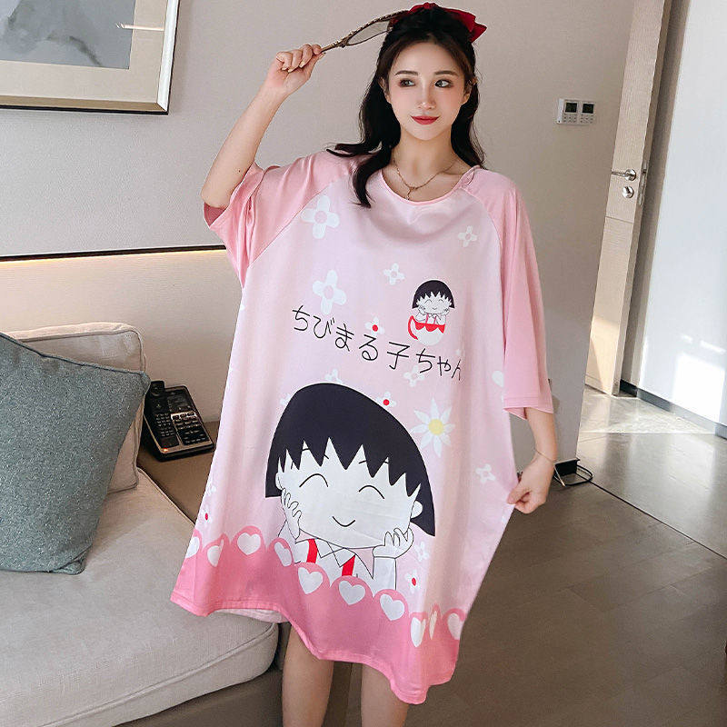 Sleeping Skirt Woman Summer Ice Silk Short Sleeve Thin cute cartoon student skirt net red popcorn Silk Pyjamas women Summer