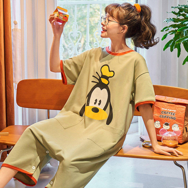 Sleeping Skirt Woman Short Sleeve Pure Cotton Loose chubby size Long version over knee Cute Cartoon Pregnant pregnant woman Sleeping dress