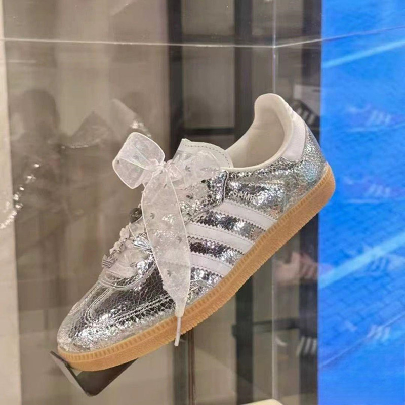 Adidas Originals Samba Ma Sichun's Same Style Metallic Silver Cracked Leather German Training Shoes T-Toe Shoes Jr0035