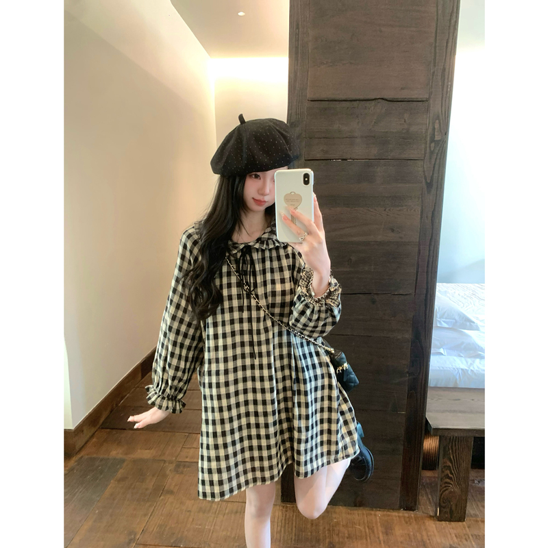 Zhang Bao Bao Black Plaid Dress, Lightweight Spring and Summer Cotton Doll Collar Loose Fit Women's Long-Sleeve Doll Dress