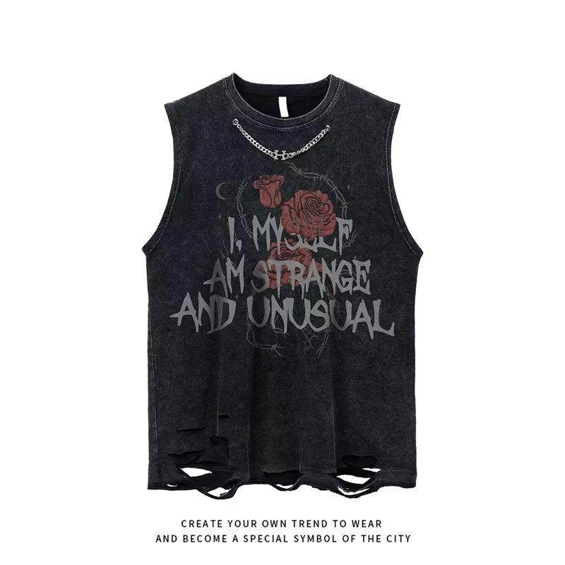 American High Street Hip-Hop Retro Necklace Decoration Washed Vest Sleeveless T-Shirt Unisex Trendy Brand Oversize Tank Top