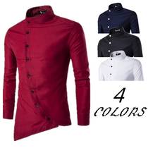 Men's Oblique Placket Asymmetric Small Stand Collar Long Sle