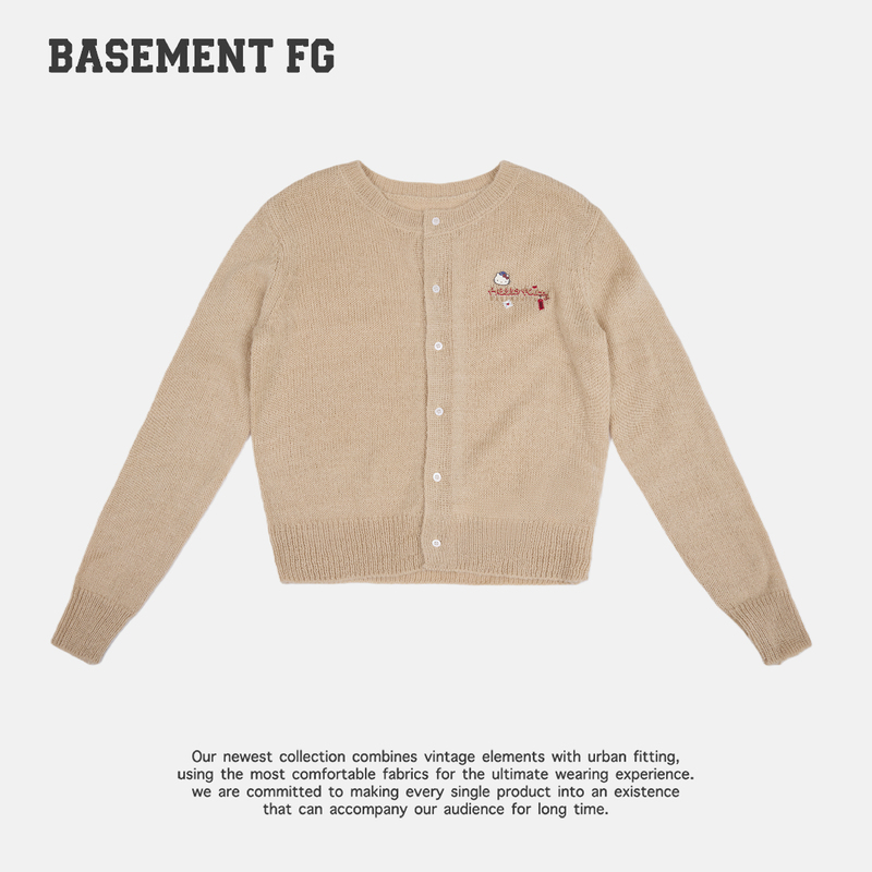 Basementfgxhellokitty American Retro Cartoon Embroidered Woolen Cardigan 263080010046