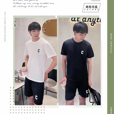 Summer quick-drying suit men's new Korean version trend short-sleeved t-shirt youth casual sports five-point pants two-piece set