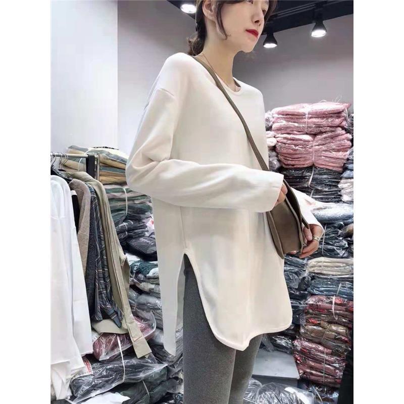 Korean white split T-shirt female spring and autumn Korean version of retro loose medium and long version bottoming shirt pullover long sleeve jacket tide