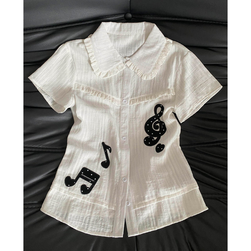 Japanese Subculture Musical Note Print Short-Sleeved Shirt for Women ins Unique Slim-Fit Waist-Cinching Shirt Top
