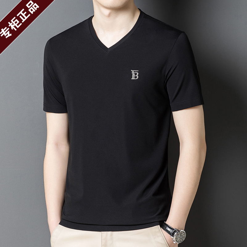 Summer Big-Name Brand Lumba Baoli Silk Short-Sleeve T-Shirt for Men, V-Neck, Solid Color, Loose Fit, Ice Silk Half-Sleeve Shirt