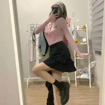 2021 Autumn New Korean chic design drawstring waist slim knitted short long sleeve T-shirt women's coat tide