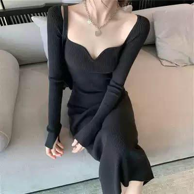 European and American ins sexy low collar leakage collarbone tight waist waist hip elastic knitted dress women autumn and winter base skirt