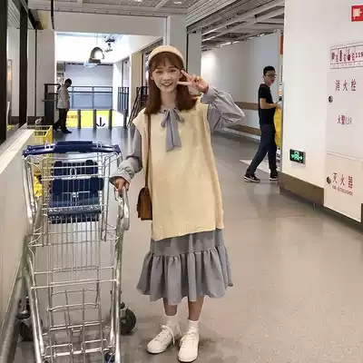 2021 spring new casual suit women's chic lace-up ruffle dress knitted vest two-piece set