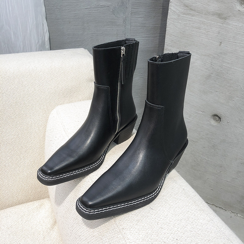 Boots women's 2021 new thick heel side zipper single boots Korean version pointed toe all-match thin black simple short boots