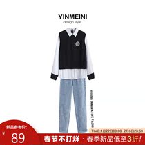 Shirt women's spring 2021 new waistcoat fake two folded long sleeve retro Hong Kong flavor stitching shirt top tide