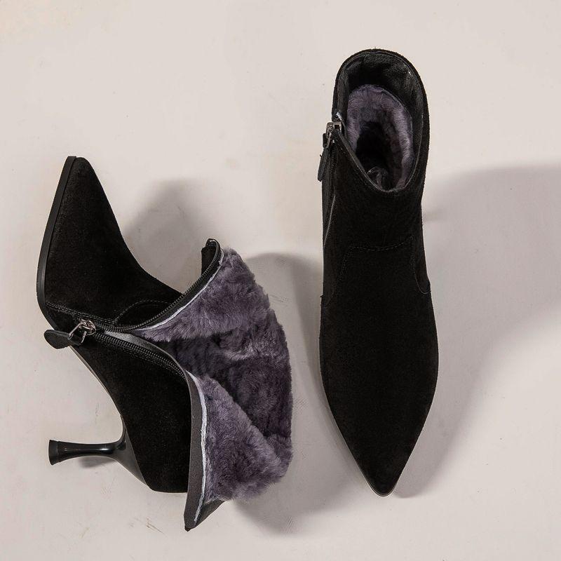 Nubuck Leather Autumn and Winter Pointed Toe Fur-Lined Women's Boots with Thickened Warm Lining, Thin Heel High-Heeled Short Boots, Cotton Shoes Nubuck Leather Autumn and Winter Pointed Toe Fur-Lined Women's Boots with Thickened Warm Lining, Thin Heel High-Heeled Short Boots, Cotton Shoes
