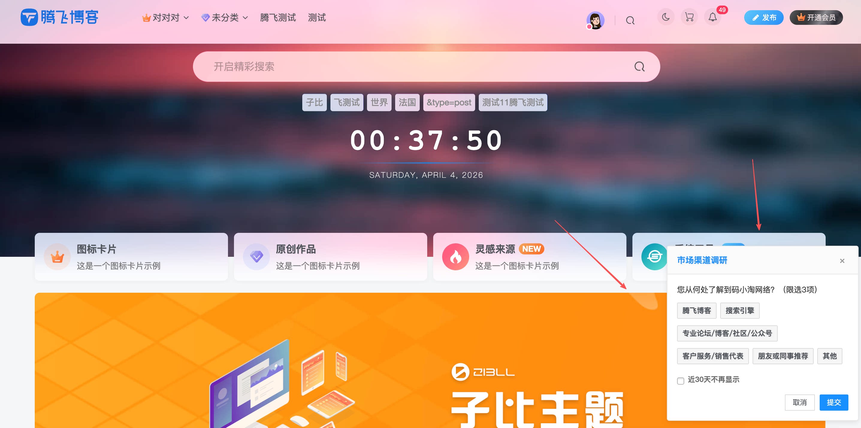 子比主题 - 右下角用户来源调研插件 - 腾飞博客