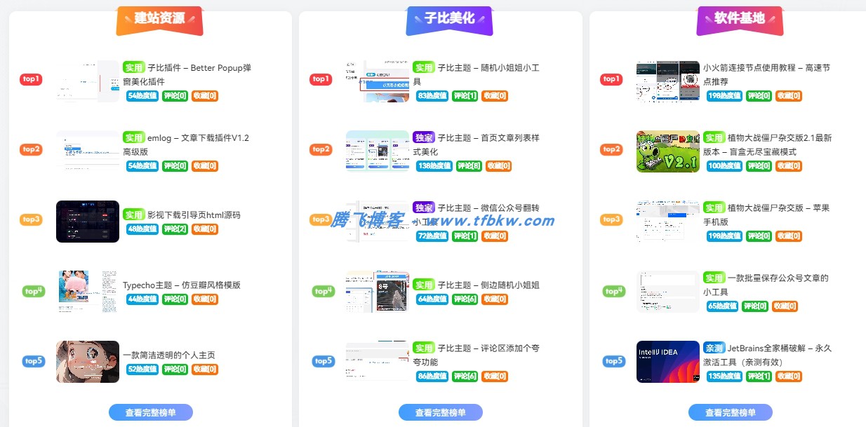 子比主题 – 首页排行榜小工具 - 腾飞博客