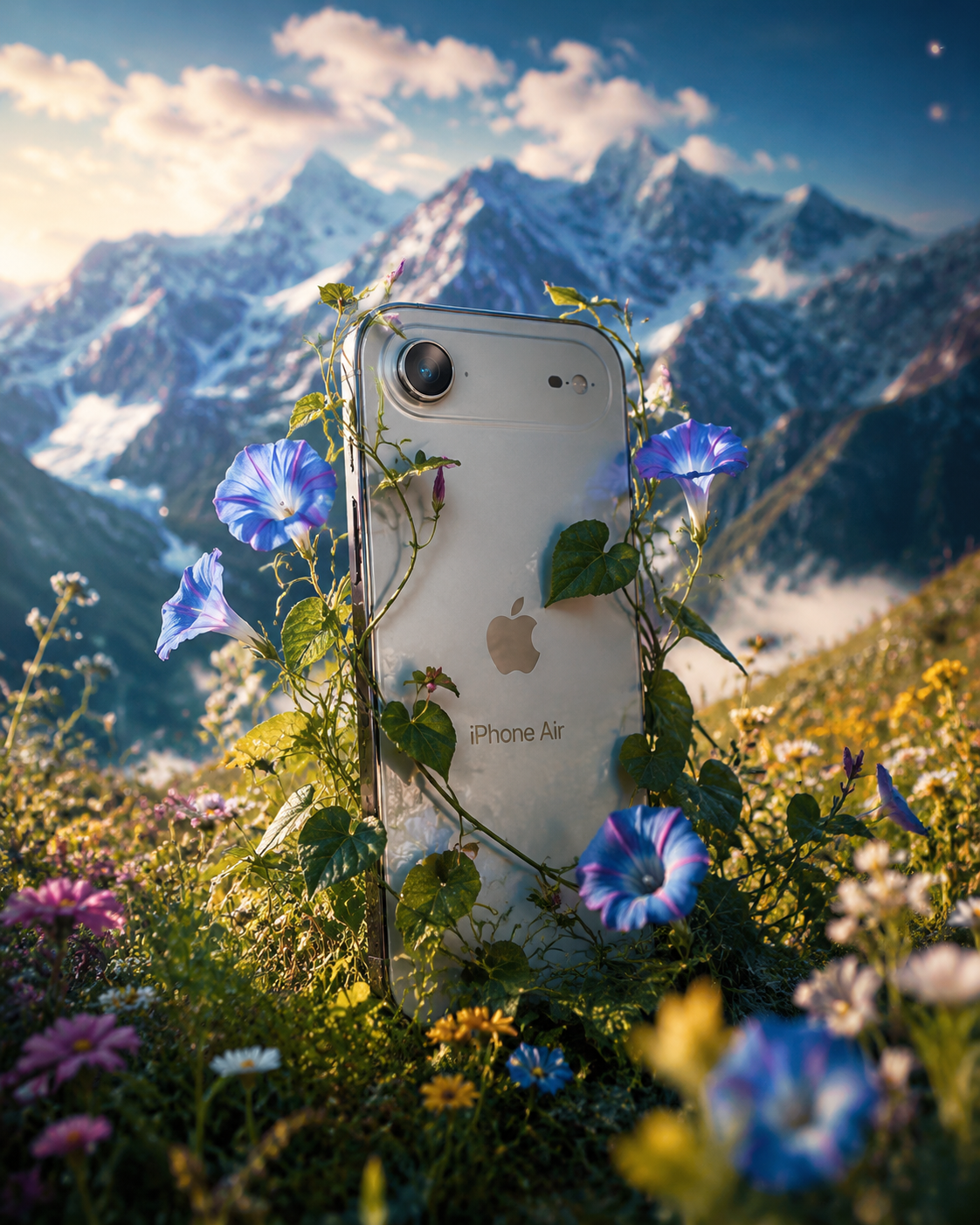 高山草甸鲜花簇拥iPhone Air超写实海报