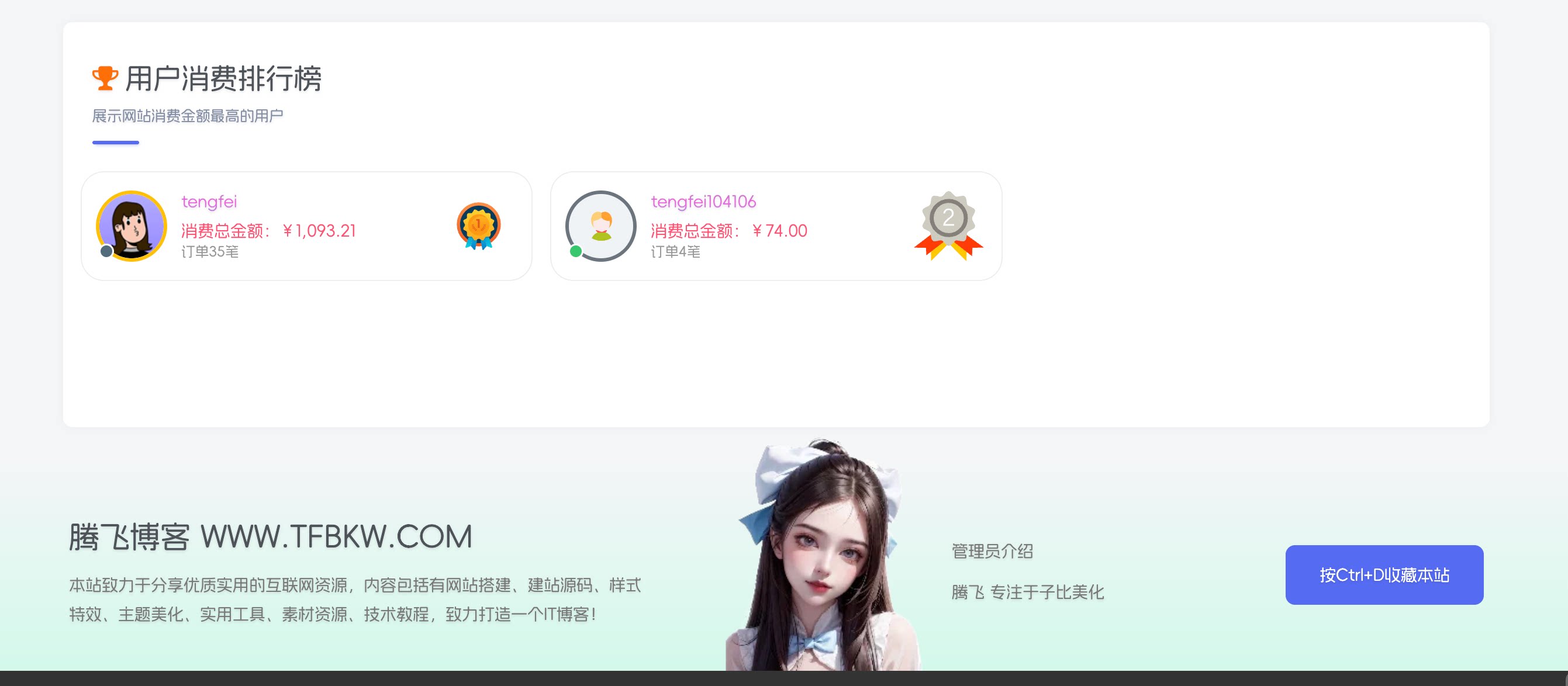 子比主题 - 用户消费排行榜插件 - 腾飞博客